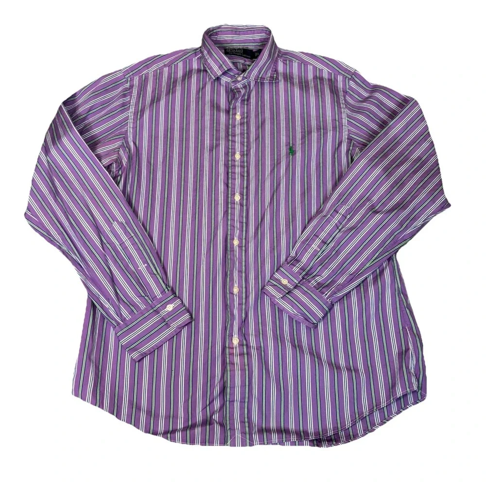 Polo Ralph Lauren Shirt Mens Size Large‎ Purple Green Striped Green Logo Preppy
